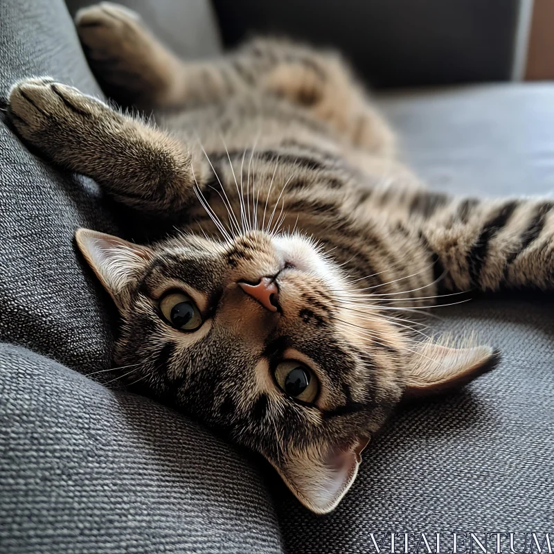 Relaxed Tabby Cat on Sofa AI Image