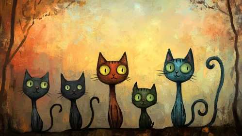 Five Artistic Cats in an Enchanting Scene