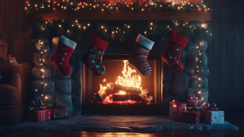 Warm Holiday Fireplace with Festive Decorations