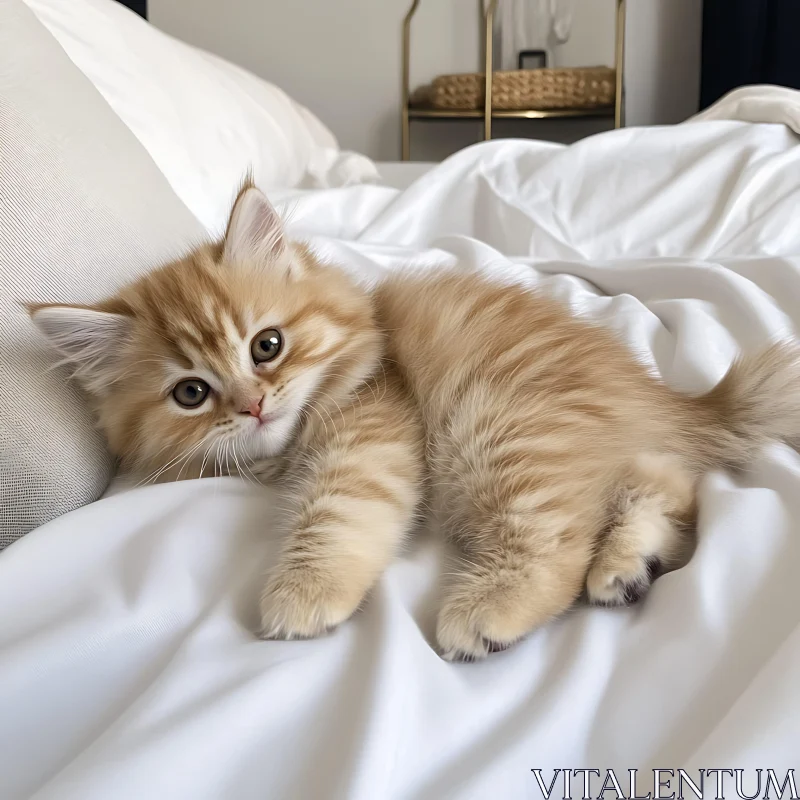 Cute Kitten Relaxing on White Sheets AI Image