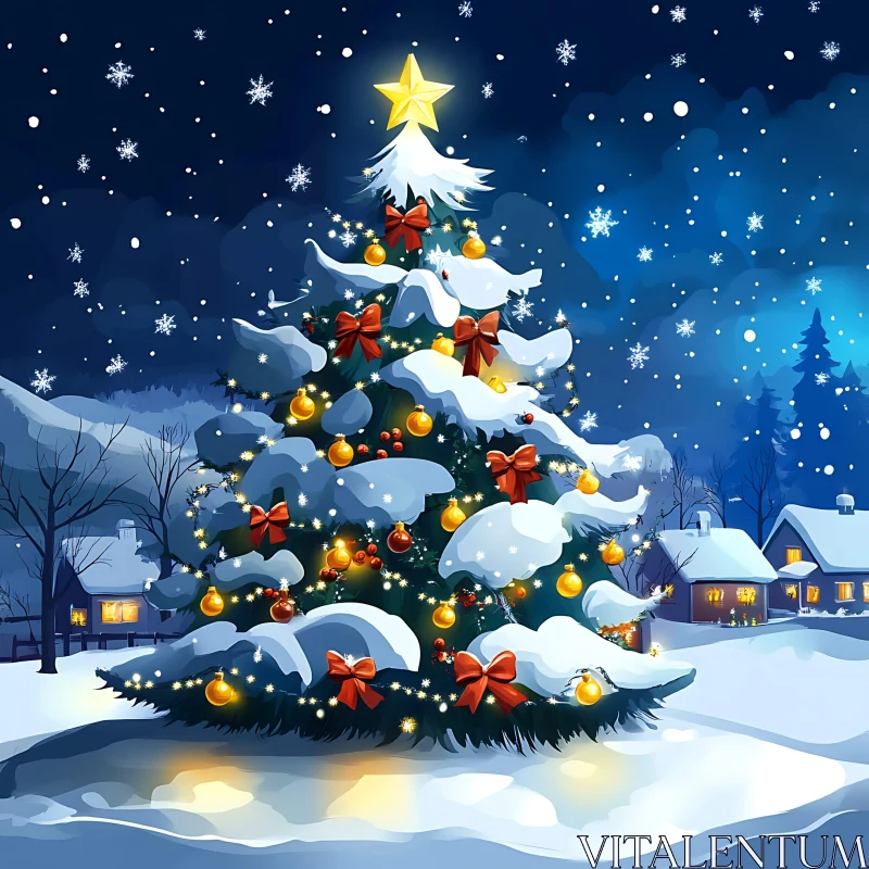 Festively Adorned Christmas Tree on a Winter Night AI Image