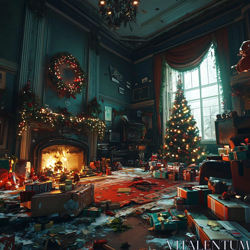 Cozy Christmas Room Filled with Decorations and Gifts AI Image