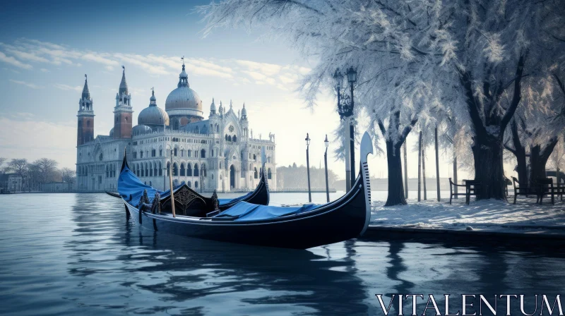 Blue Gondola Floating in Venice - Winter Scene with Church | Matte Painting AI Image