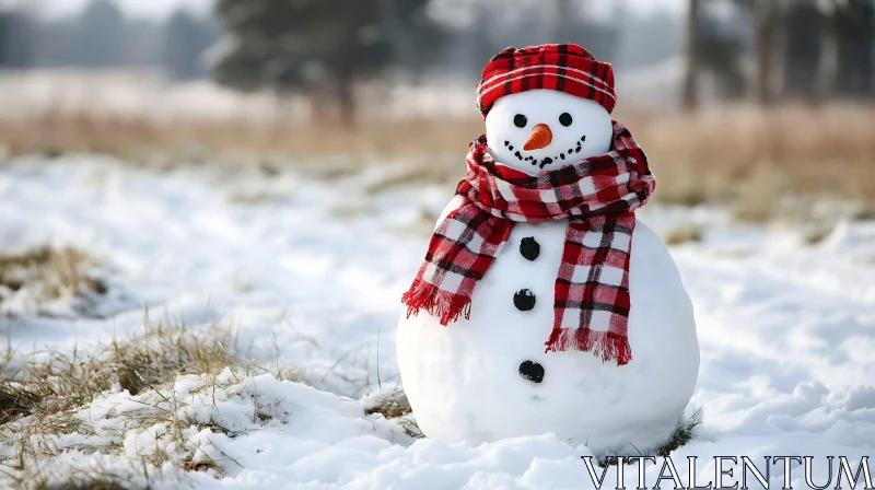 AI ART Joyful Snowman with Red Plaid Scarf and Hat