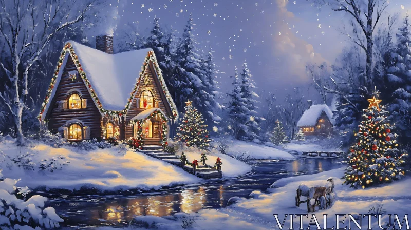 AI ART Festive Snowy Night at a Cabin