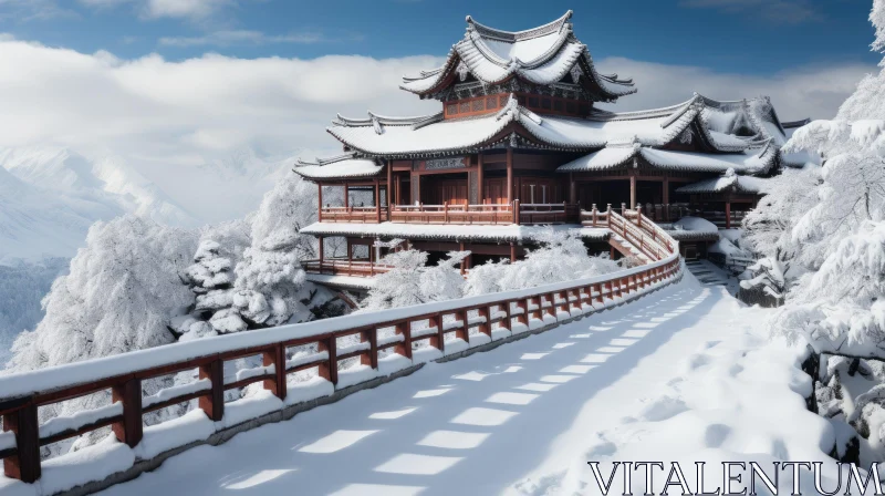 Chinese Pagoda on Snowy Mountains | Ray Tracing, Heian Period AI Image