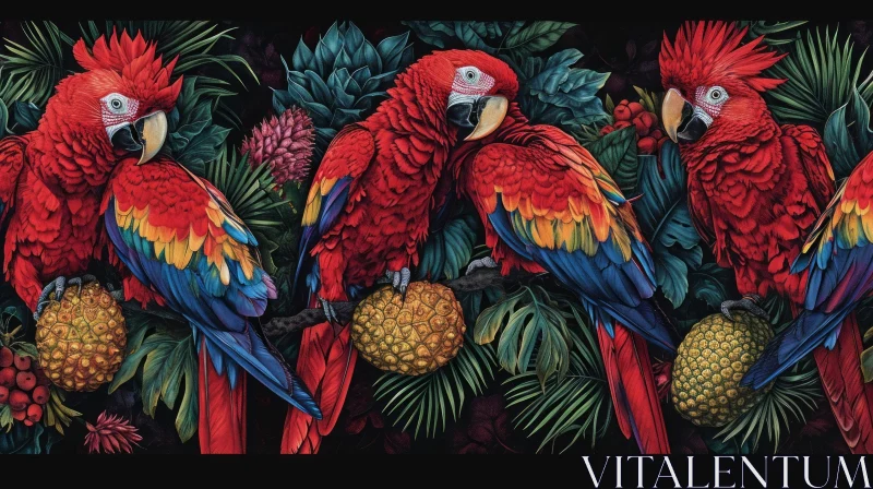 Colorful Parrots on Branch - Digital Painting AI Image