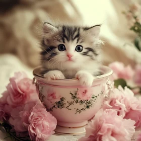 Cute Kitten Surrounded by Pink Flowers