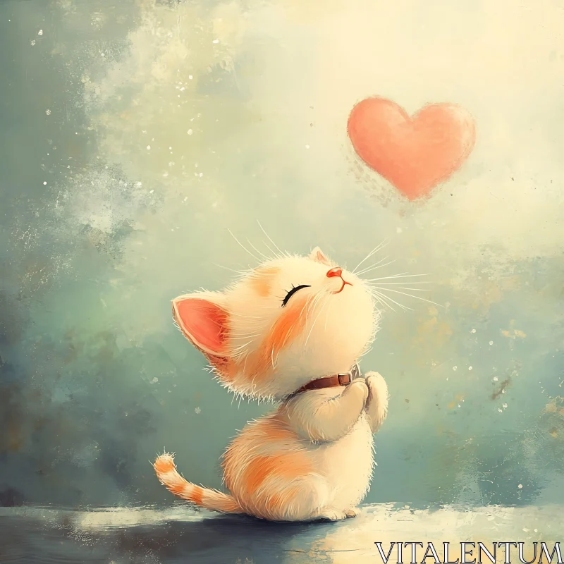 Cute Kitten and Floating Heart Art AI Image