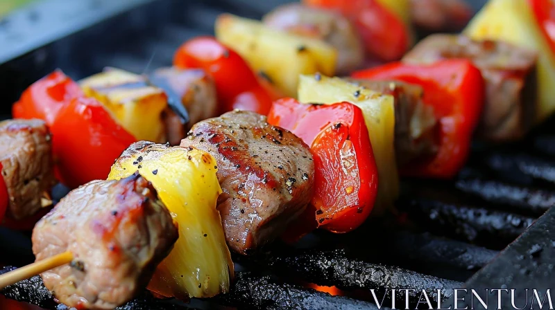 Delicious Grilled Beef and Vegetable Skewers on Metal Cooking Grate AI Image