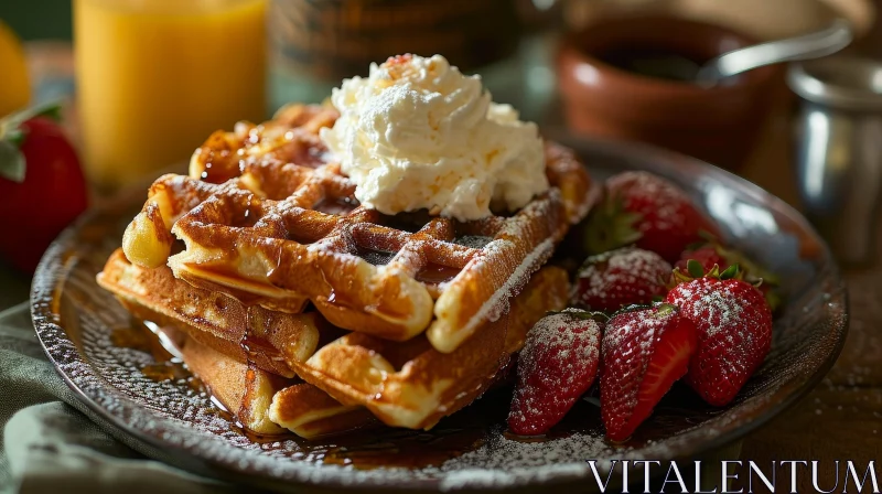 Delicious Waffles with Strawberries and Whipped Cream AI Image