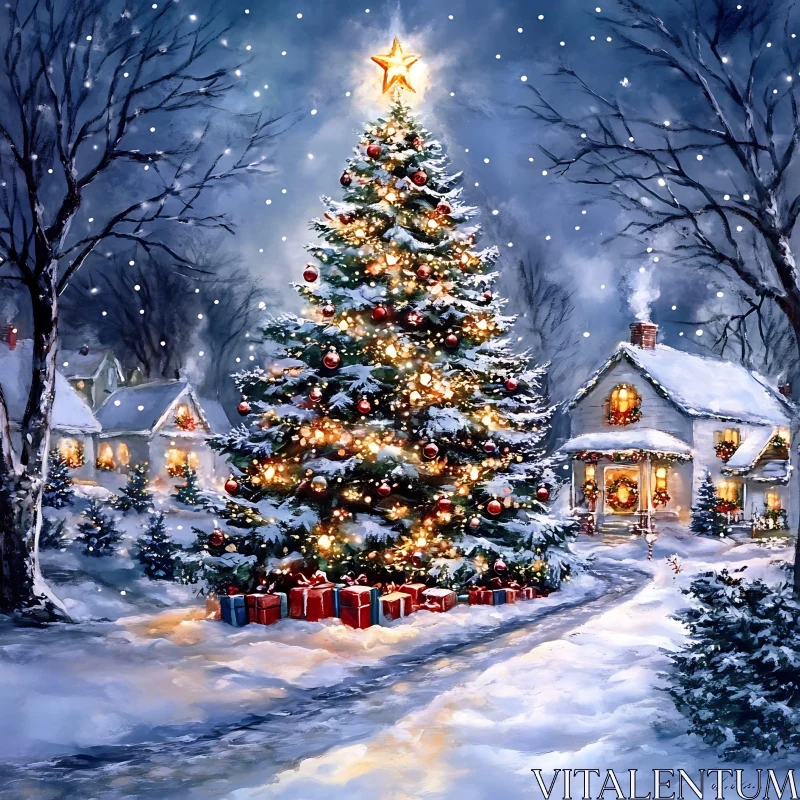 AI ART Outdoor Christmas Tree and Cozy Cabin in Winter Wonderland