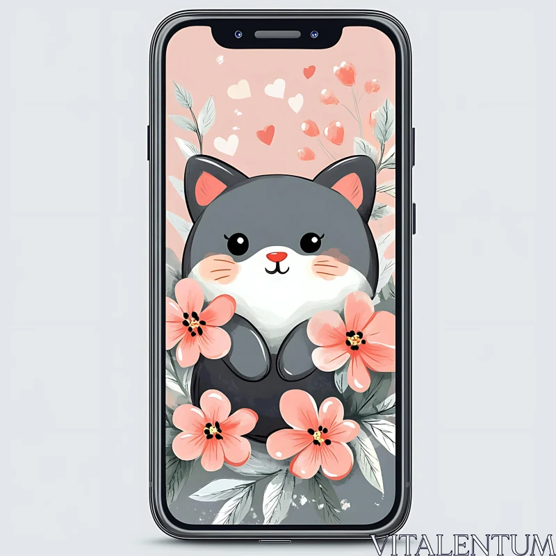 Whimsical Cat Illustration with Flowers AI Image