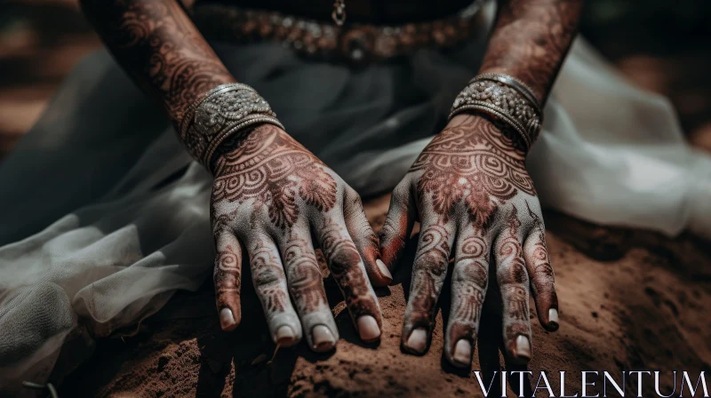 Elegant Woman's Hands with Henna Tattoos on Sand AI Image