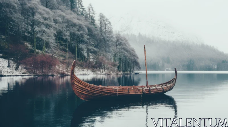 Enigmatic Viking Ship Floating on a Frozen Lake | Atmospheric Woodland Imagery AI Image
