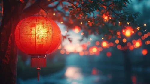 Red Paper Lantern Illuminating Tree Branch | Chinese Street Background