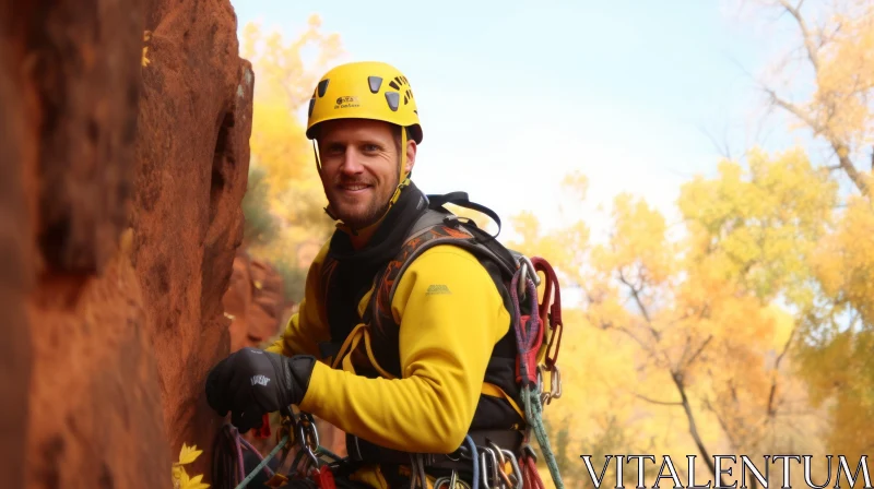 Smiling Male Rock Climber in Yellow Jacket - Adventure Scene AI Image