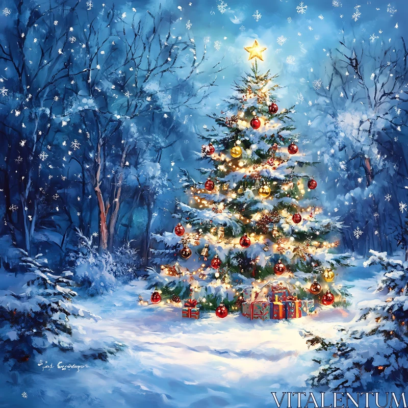 Festive Christmas Tree in Winter Wonderland AI Image