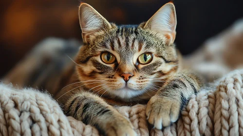 Charming Tabby Cat Lounging on Chunky Knit Blanket