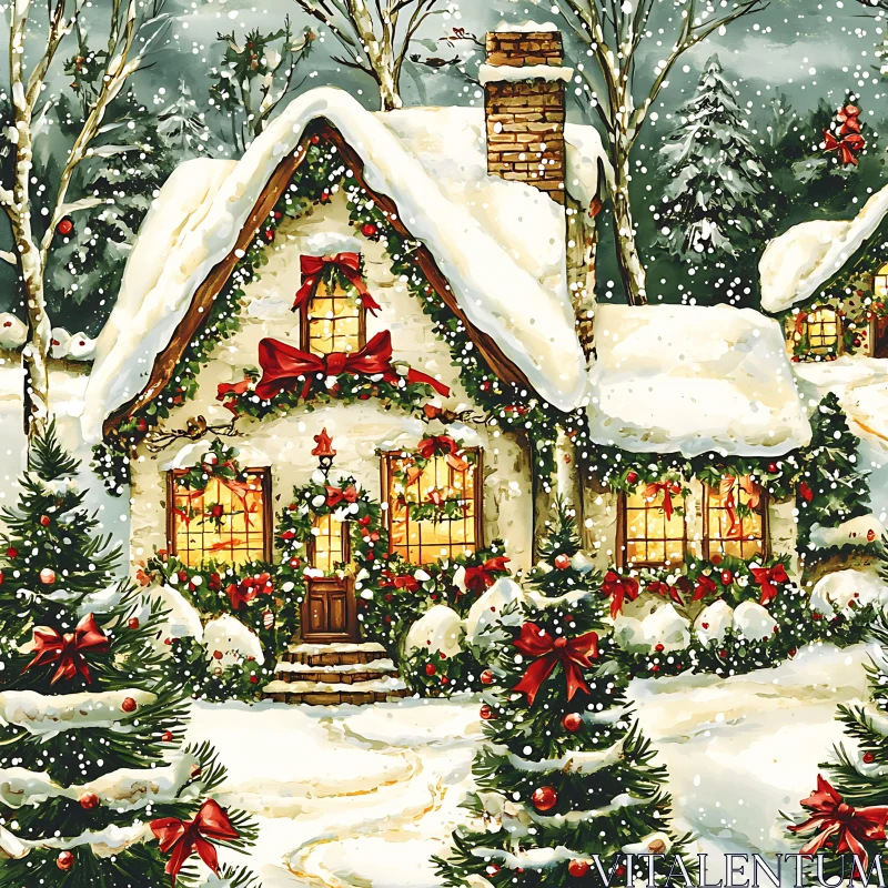 Cozy Holiday Cottage in Winter Wonderland AI Image