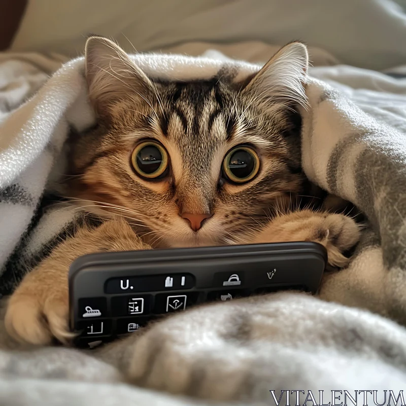 Cute Cat Snug in Blanket with Smartphone AI Image