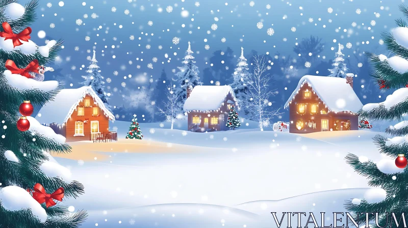 Charming Snowy Christmas Eve Cabin Landscape AI Image