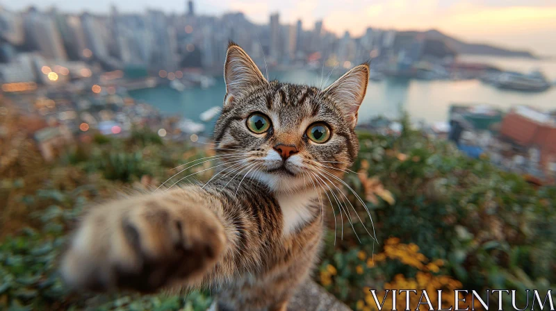 Curious Cat Selfie with Cityscape AI Image