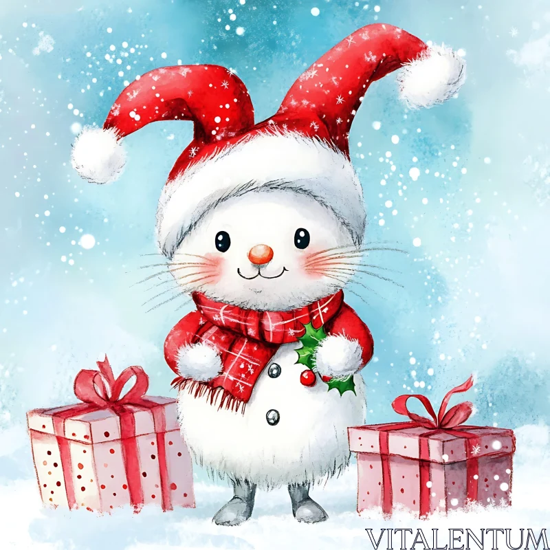 Charming Snowman in Red Santa Hat with Presents AI Image