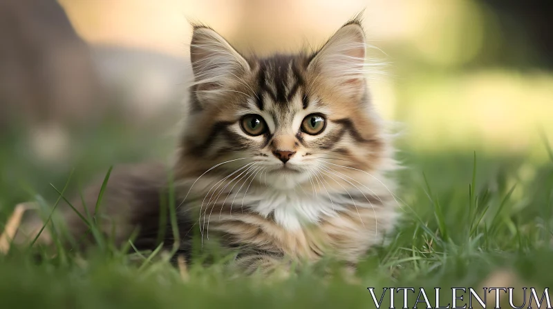 Fluffy Kitten Lying in Green Grass AI Image