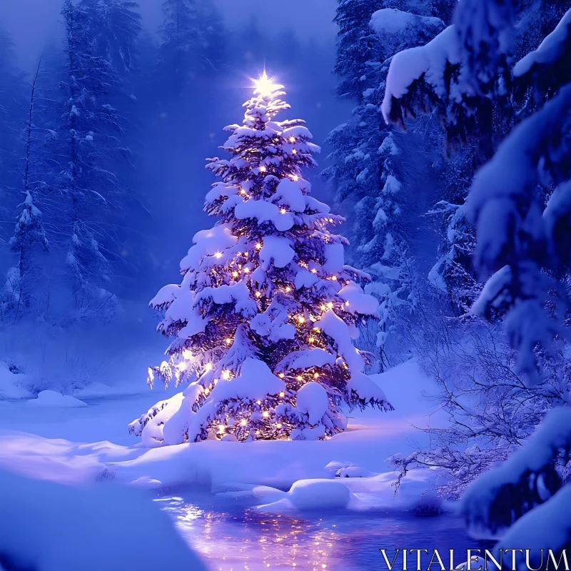 Magical Christmas Tree in Snowy Forest AI Image