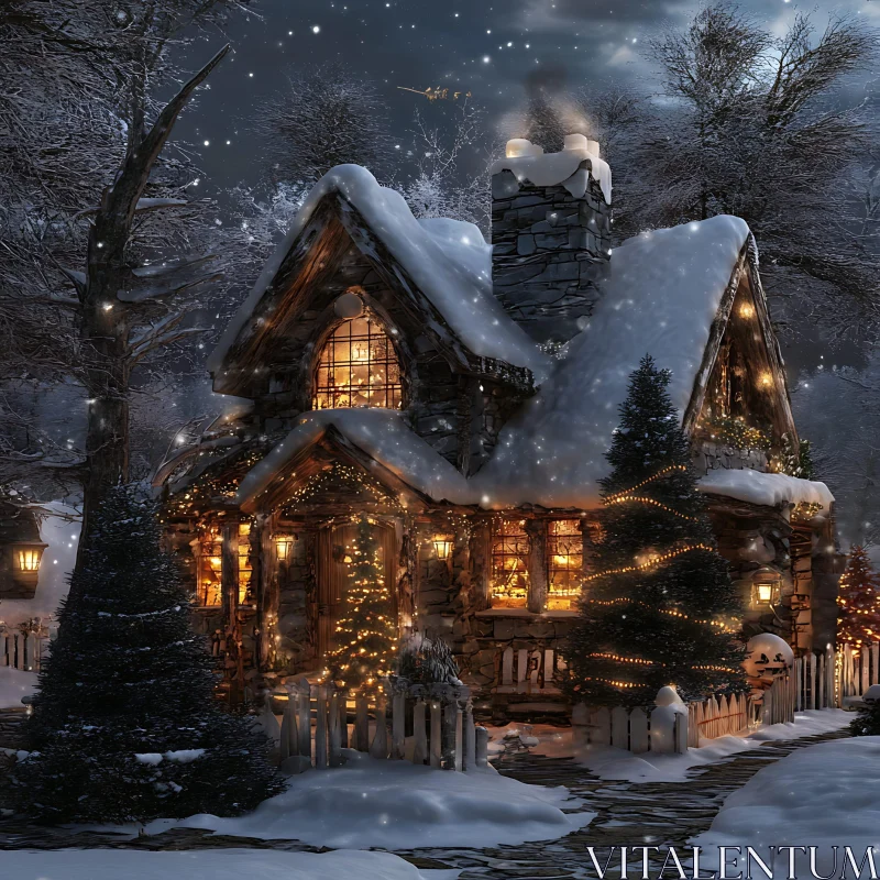 Charming Snowy Cabin Adorned with Christmas Decorations AI Image