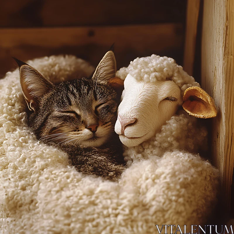 Cat and Sheep in a Cozy Embrace AI Image