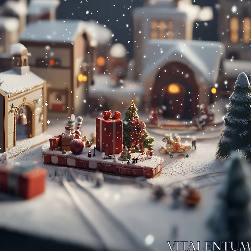 Festive Miniature Christmas Village with Snow and Decorations AI Image