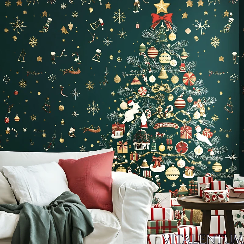 Festive Christmas Room with Beautiful Tree and Gifts AI Image