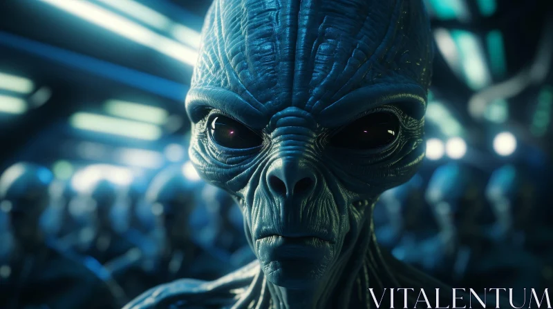Alien Close-up Portrait in Dark Blue Setting AI Image