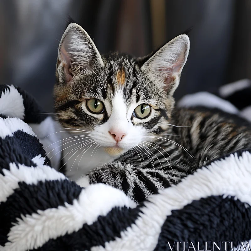 Cute Kitten Wrapped in Striped Blanket AI Image