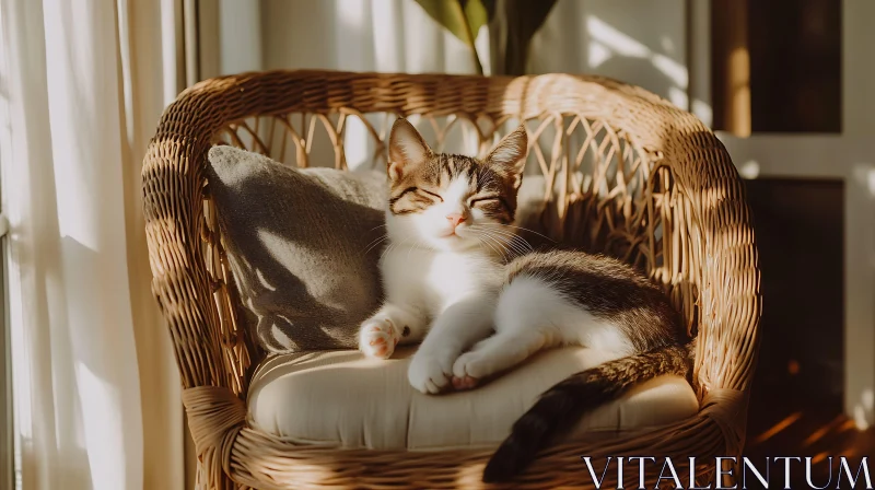 Peaceful Cat in Sunlit Cozy Corner AI Image