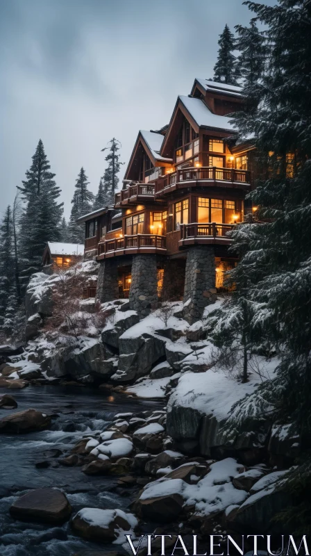 AI ART Captivating House in Snowy Forest by the River