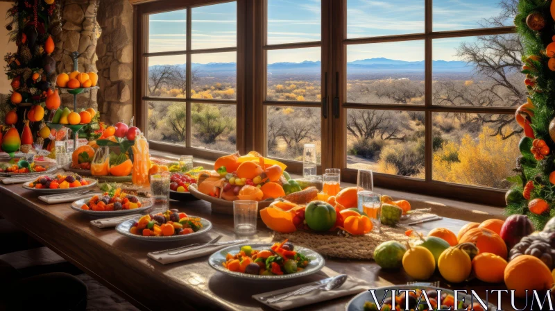 Captivating Still Life: Long Table with Oranges in Whimsical Wilderness AI Image