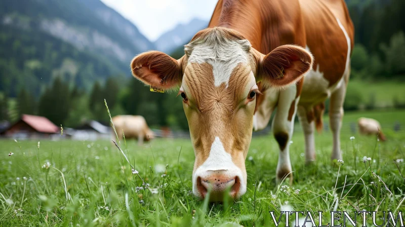 Close-Up of a Cow's Face in a Green Field with Mountains AI Image