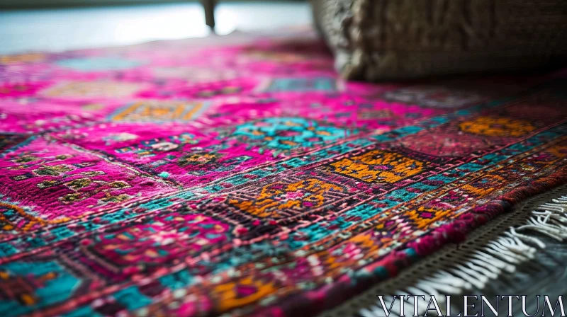 Close-Up of Colorful Persian Rug with Geometric Pattern and Floral Elements AI Image