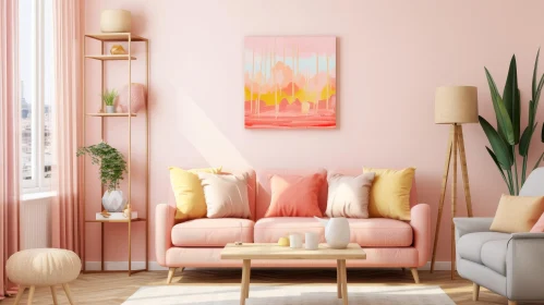 Cozy Pink Living Room with Abstract Artwork