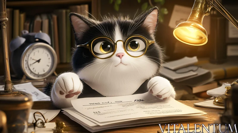 Cat with Glasses in Study Room AI Image