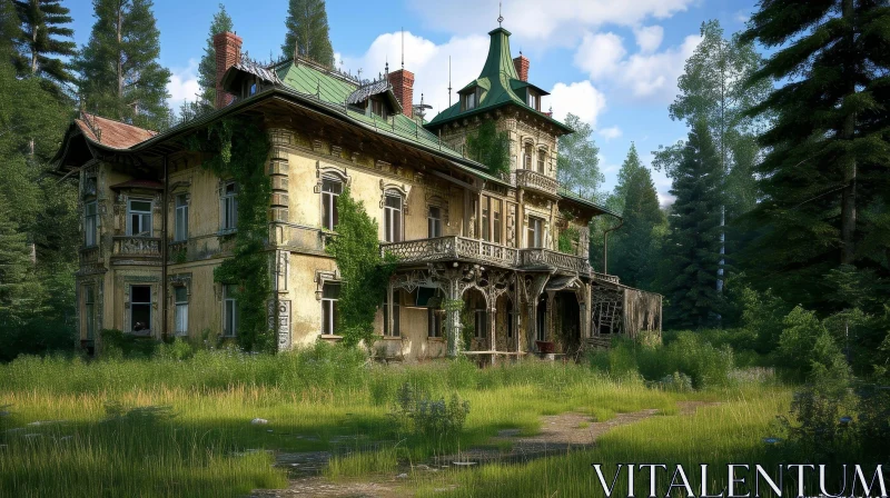 Eerie Abandoned Mansion with Green Roof and White Walls AI Image