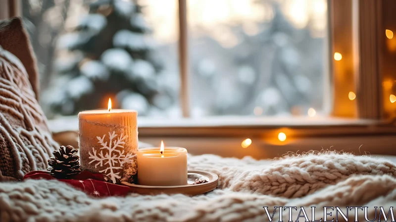 Peaceful Indoor Winter Setting with Candles and Snow AI Image