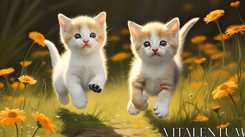 Ginger Kittens Playing in a Field of Flowers AI Image