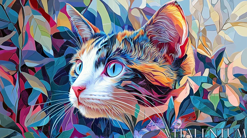 AI ART Colorful Cat in Abstract Leaves