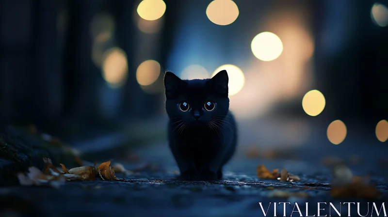 Black Cat at Night with Bokeh Lights AI Image