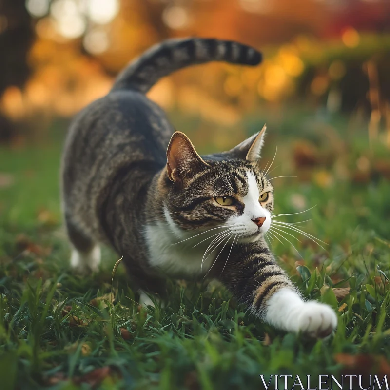 Feline Stretch in Autumn Landscape AI Image