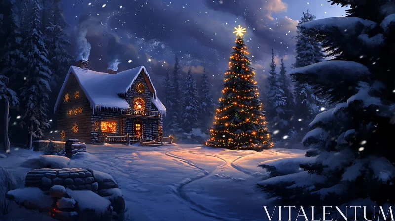 Snow-Covered Cabin with Christmas Tree and Lights in Forest AI Image